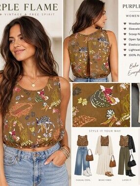 Purple Flame M Woodland Animal Print Crop Top Open Split Back Boho Y2K Brown
